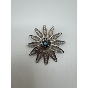Vintage Native Turquoise Swirl Filigree Sterling Silver Flower Brooch Pin